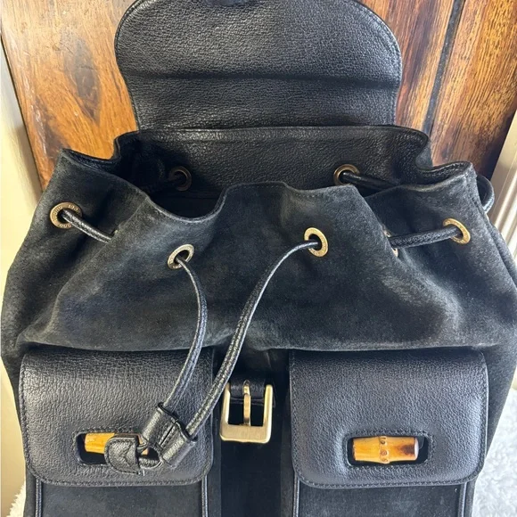GUCCI Black Leather Suede Bamboo Top Handle Backpack Excellent Condition Black - Picture 9 of 12